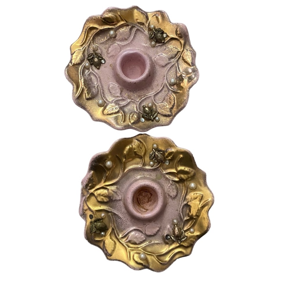 Vintage ornate pink gold pearl candle holder porcelain 4.5in pair
